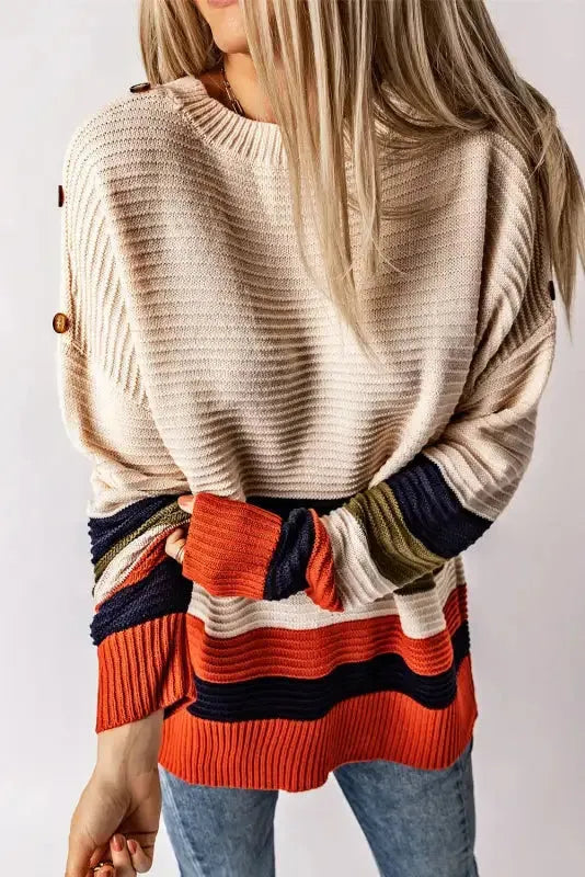 White Buttoned Shoulder Drop Shoulder Striped Sweater - Fashionfitz