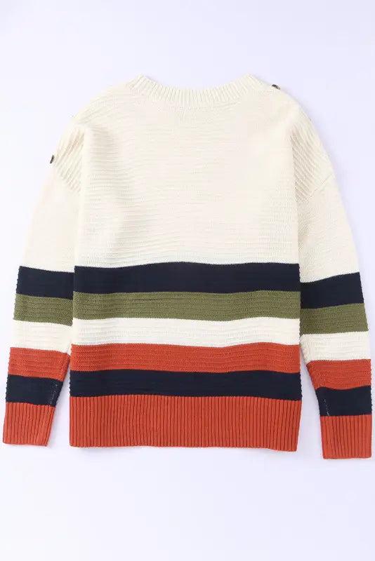 White buttoned shoulder drop striped sweater - sweaters & cardigans