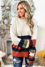White Buttoned Shoulder Drop Shoulder Striped Sweater - Fashionfitz