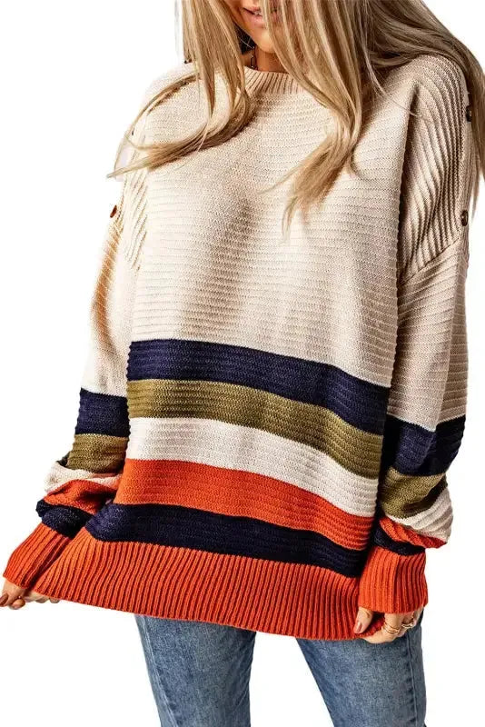 White Buttoned Shoulder Drop Shoulder Striped Sweater - Fashionfitz