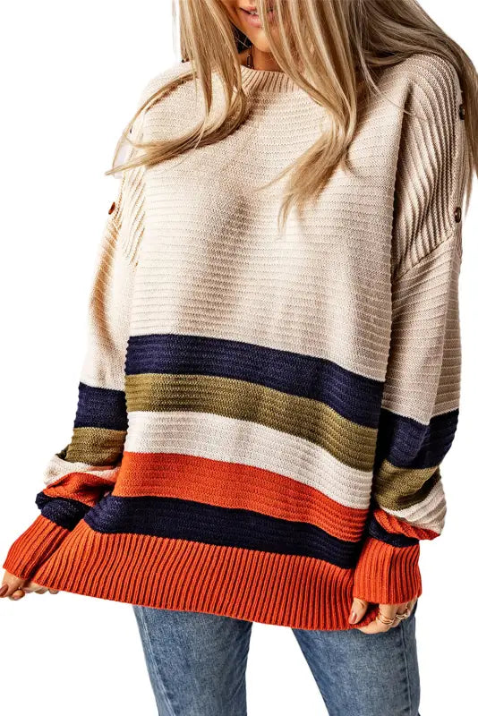 White buttoned shoulder drop striped sweater - sweaters & cardigans