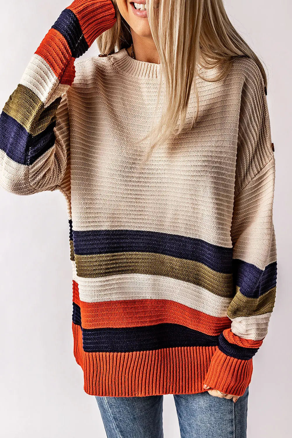 White buttoned shoulder drop striped sweater - s / 100% acrylic - sweaters & cardigans