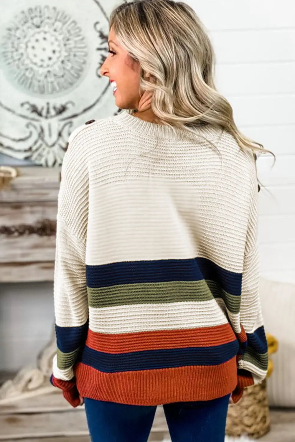 White buttoned shoulder drop striped sweater - sweaters & cardigans