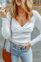 White Cable Crossed V Neck Sweater - Fashionfitz