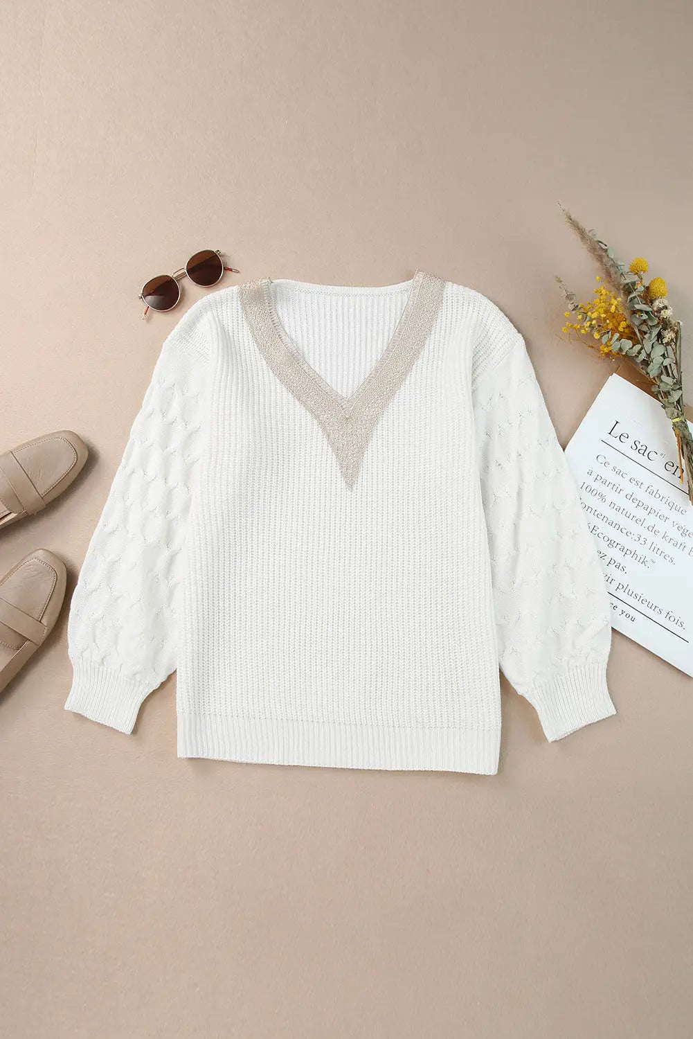 White cable puff sleeve lace v neck sweater - sweaters & cardigans