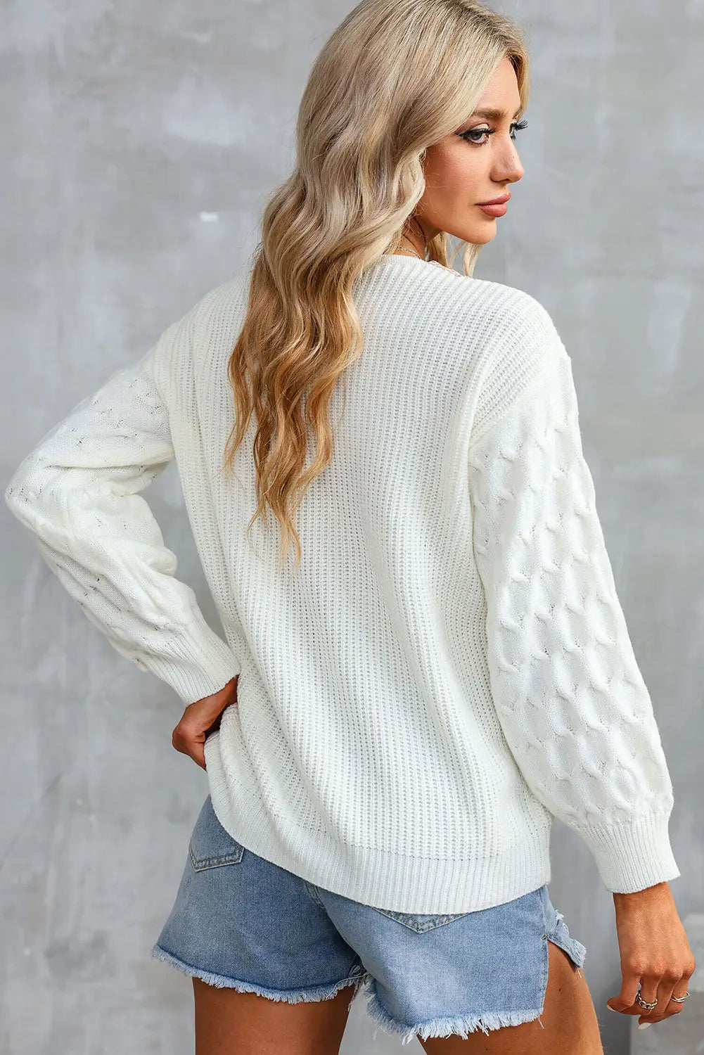 White cable puff sleeve lace v neck sweater - sweaters & cardigans