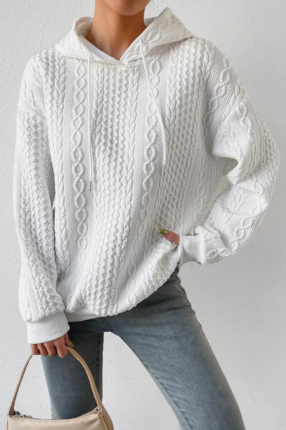 White cable textured casual drawstring hoodie - sweatshirts & hoodies