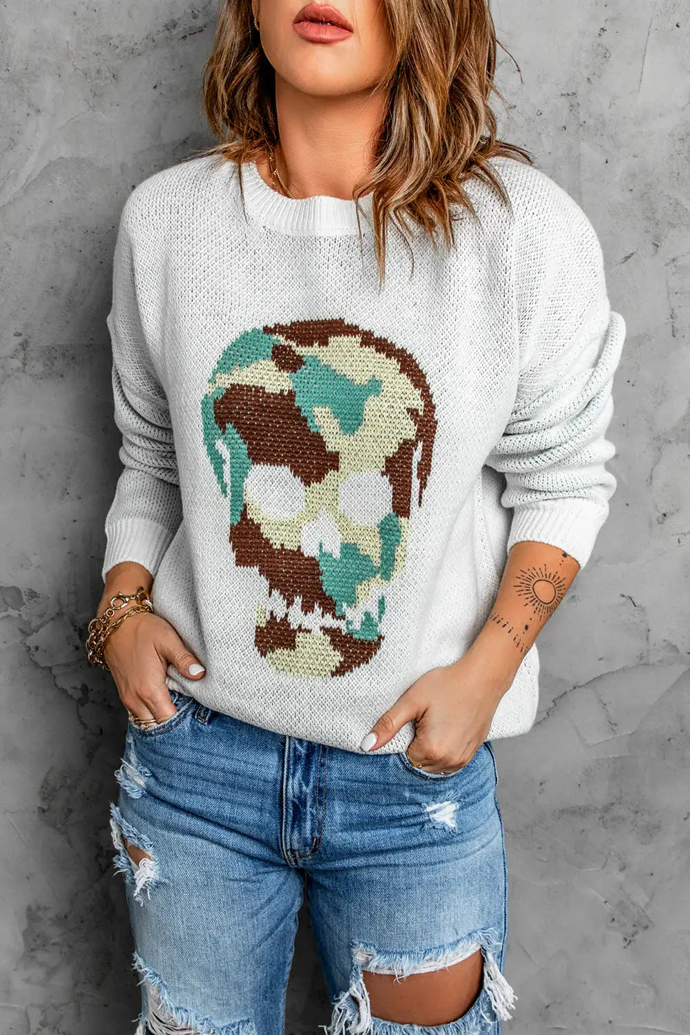 White camo skull pattern loose knit sweater - s / 100% acrylic - sweaters & cardigans