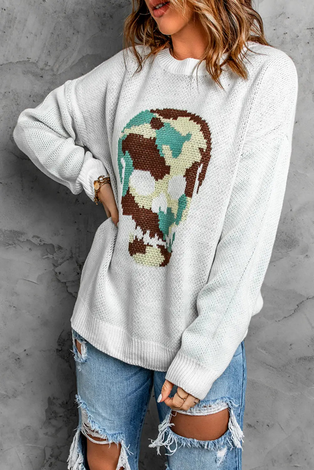 White camo skull pattern loose knit sweater - sweaters & cardigans