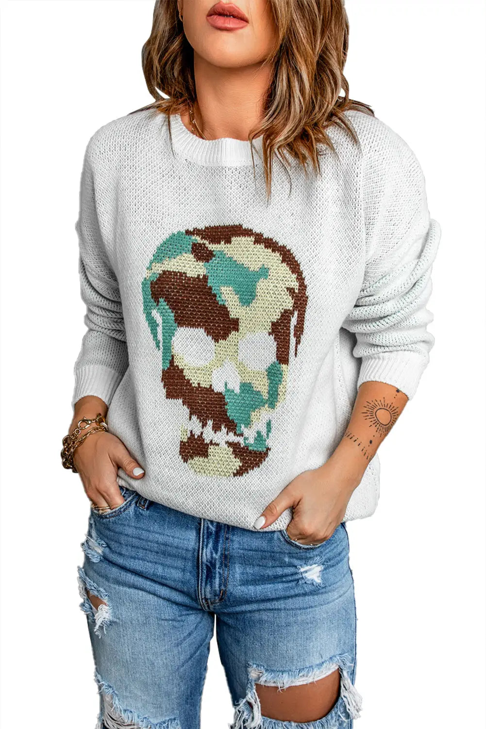 White camo skull pattern loose knit sweater - sweaters & cardigans