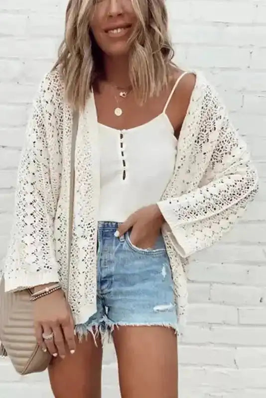 White Cardigan - Stylish Hollow Out Knit Drop Shoulder - Fashionfitz
