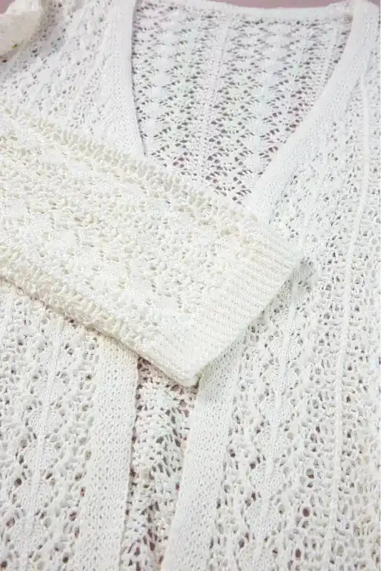 White Cardigan - Stylish Hollow Out Knit Drop Shoulder - Fashionfitz