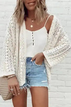White Cardigan - Stylish Hollow Out Knit Drop Shoulder - Fashionfitz