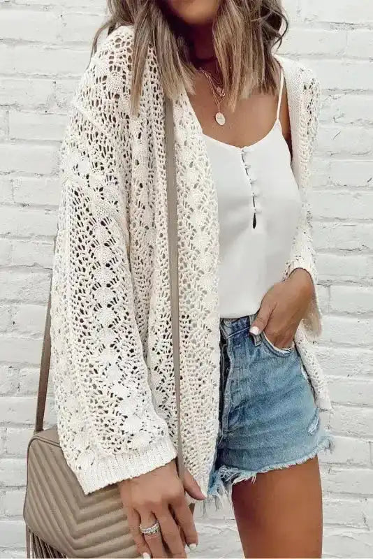 White Cardigan - Stylish Hollow Out Knit Drop Shoulder - Fashionfitz