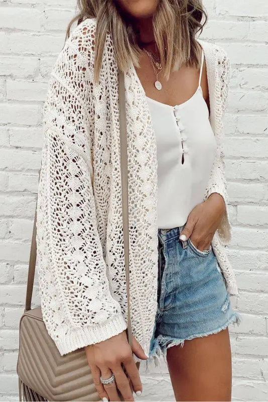 White cardigan - stylish hollow out knit drop shoulder - tops/sweaters & cardigans