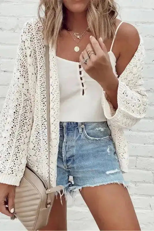White Cardigan - Stylish Hollow Out Knit Drop Shoulder - Fashionfitz