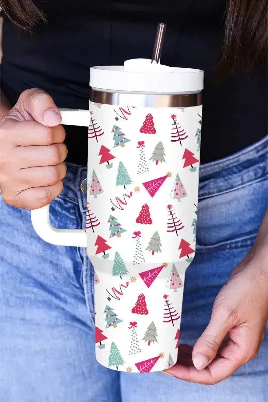 White Cartoon Christmas Tree Printed Thermos Cup - Fashionfitz