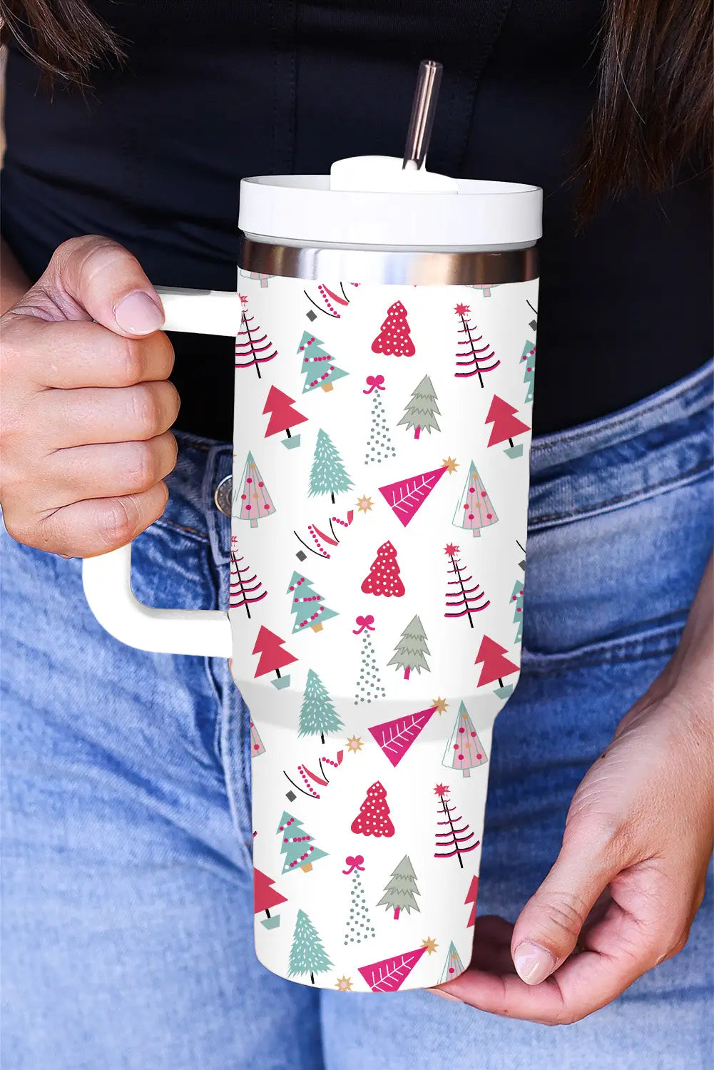 White cartoon christmas tree printed thermos cup - one size