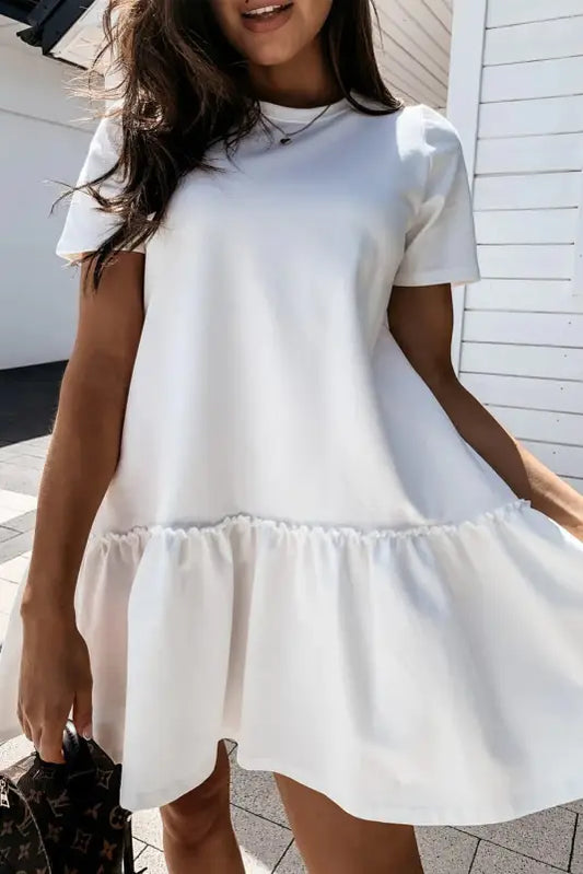 White casual dress - frilly splicing hem short sleeve