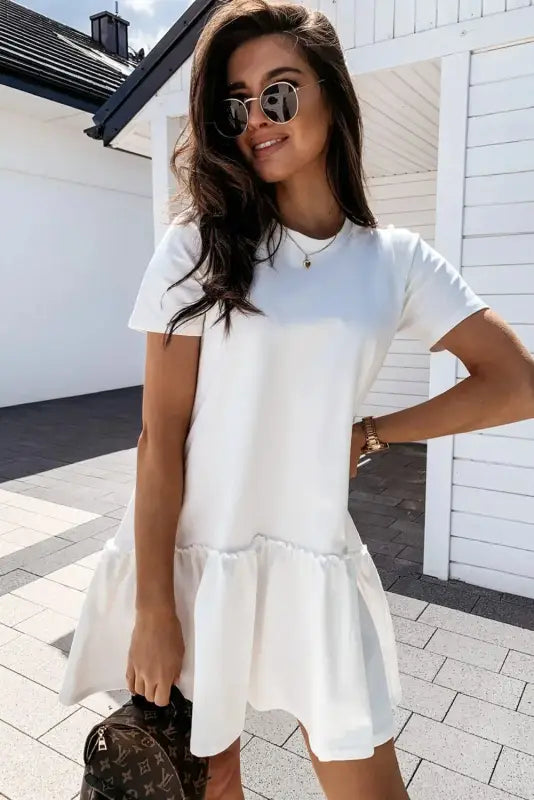 White casual dress - frilly splicing hem short sleeve