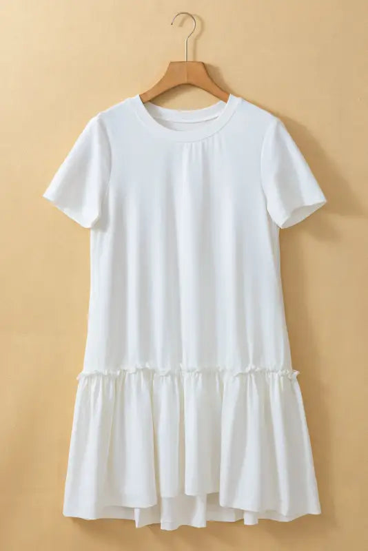 White casual dress - frilly splicing hem short sleeve