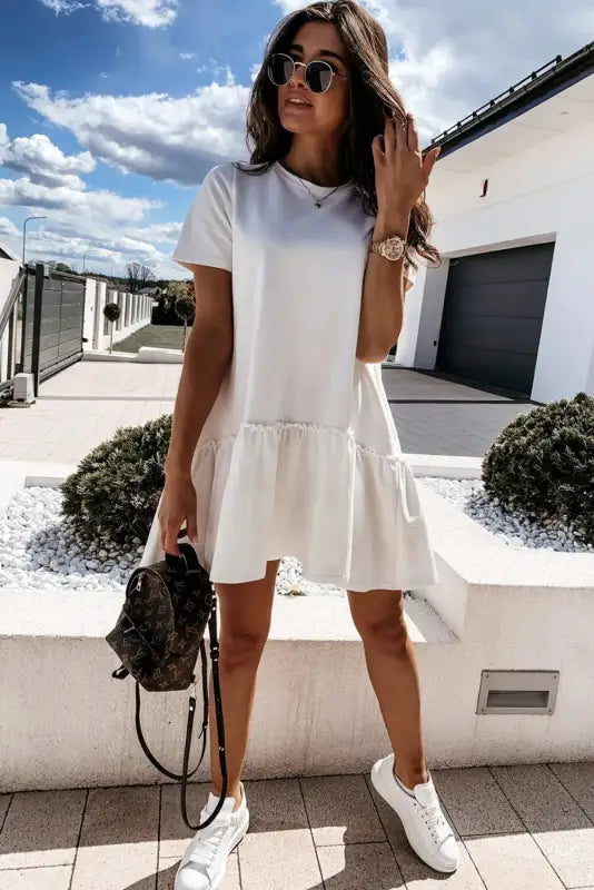 White casual dress - frilly splicing hem short sleeve