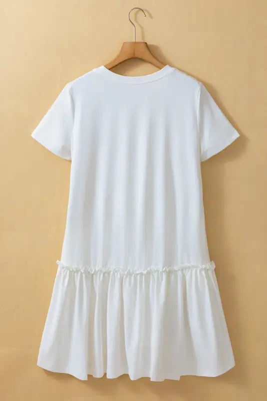 White casual dress - frilly splicing hem short sleeve