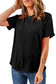 Person with long wavy hair in black short-sleeved crew neck t-shirt, relax relax relax