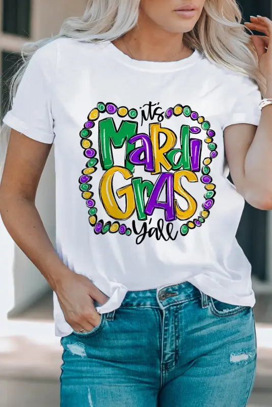 White casual plain crew neck t-shirt with ’mardi gras y’all’ text and bead design