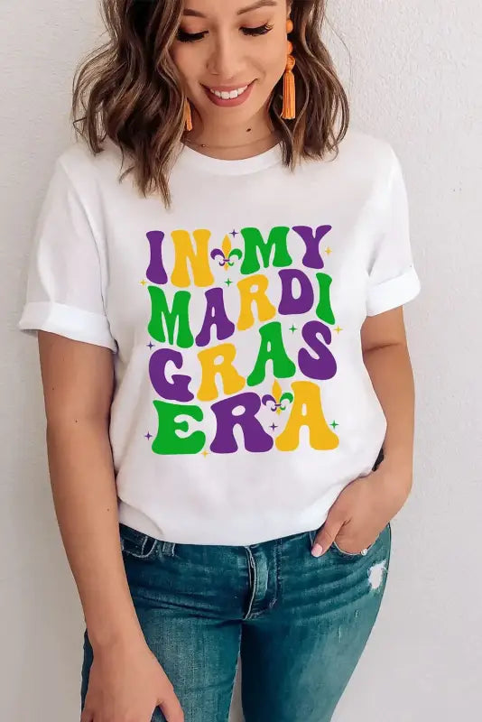 White crew neck t-shirt with ’in my mardi gras era’ text and fleur-de-lis symbols