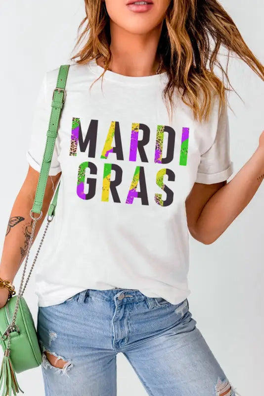 White casual plain crew neck t-shirt with colorful ’mardi gras’ text print