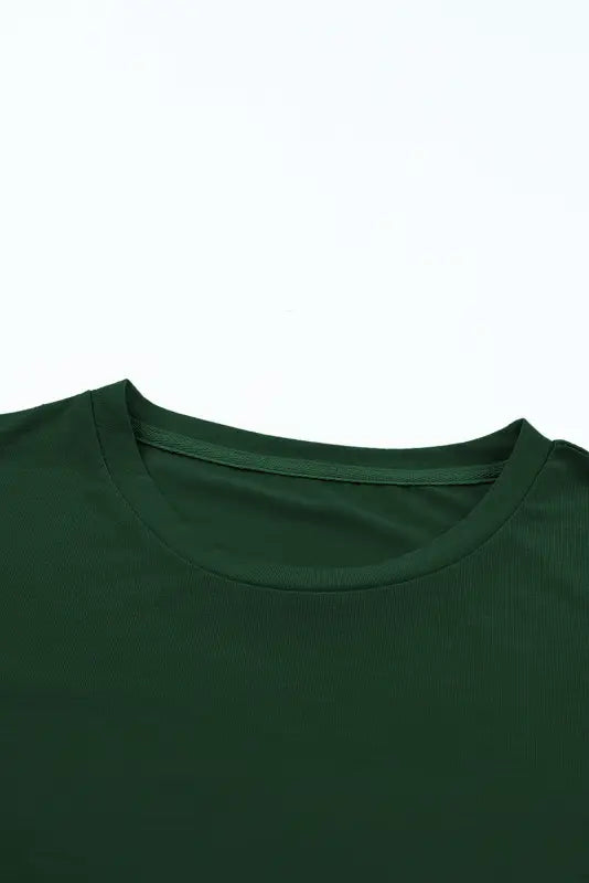 Close-up of the dark green collar and neckline on a white casual plain crew neck t-shirt