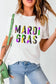 White crew neck t-shirt with colorful ’mardi gras’ print – relax relax style fashion