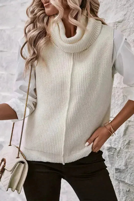 White Central Seam Cowl Neck Sweater Vest - Fashionfitz