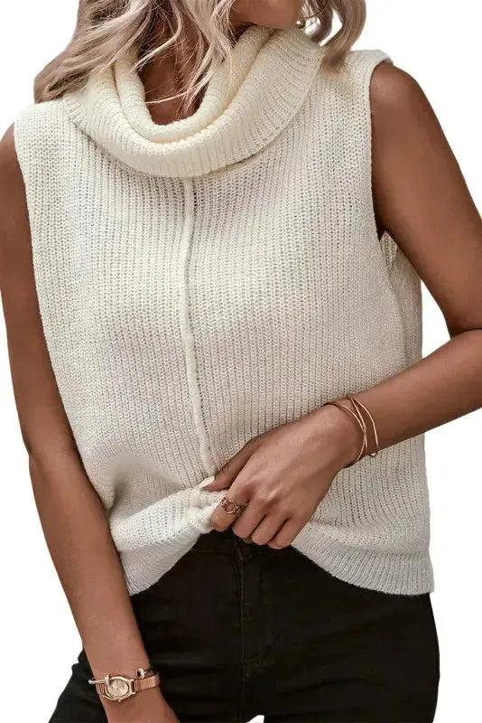 White Central Seam Cowl Neck Sweater Vest - Fashionfitz