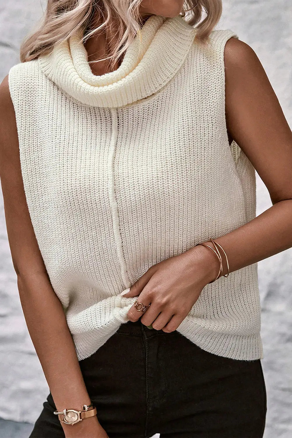 White central seam cowl neck sweater vest - l / 55% acrylic + 45% cotton - sweaters & cardigans