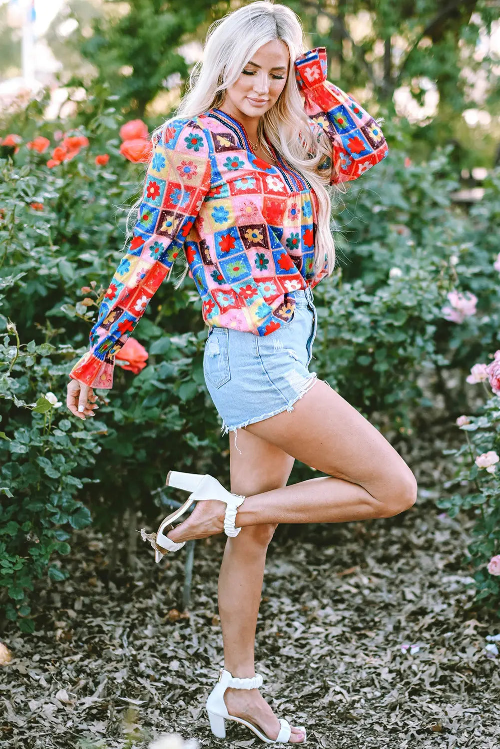 White checkered flower print bubble sleeve blouse - tops