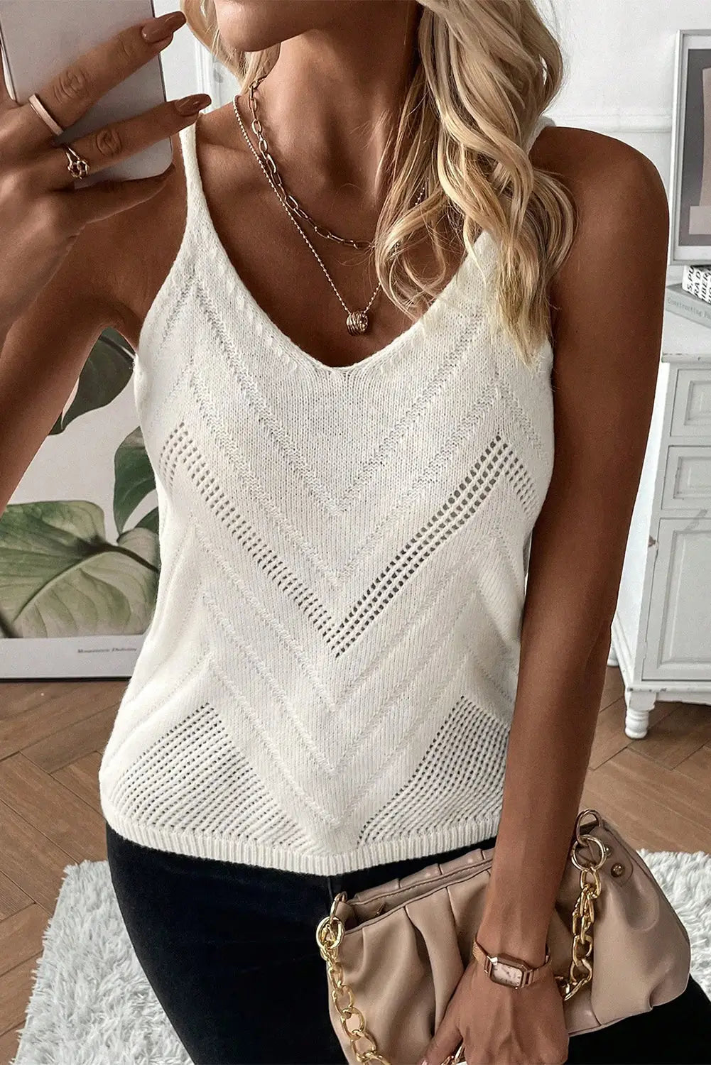 White chevron pointelle knit sweater vest - s / 100% cotton - tops/tank tops