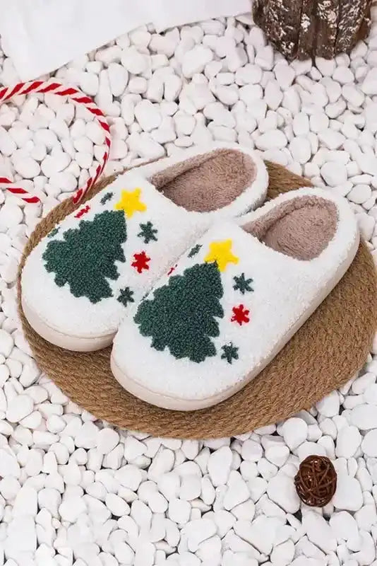 Christmas tree plush slippers in white with yellow star and red accents, cozy winter footwear for holiday lounging.