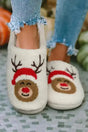 White Christmas deer slippers with red Santa hat and antlers, perfect for cozy indoor winter wear. Plush fleece design for festive comfort.