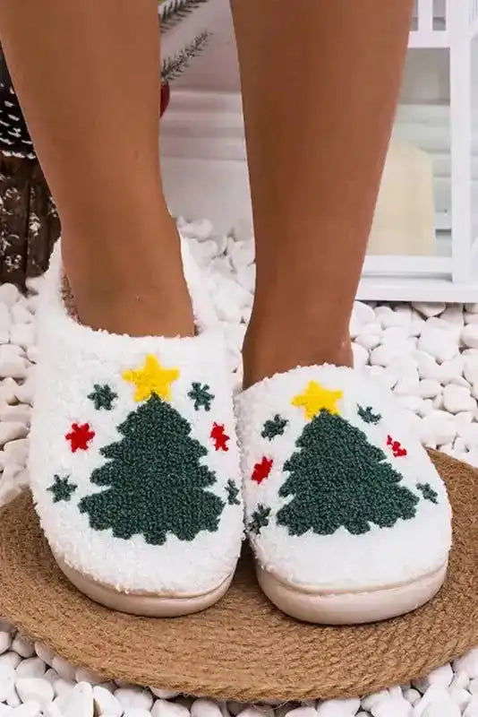 White Christmas tree plush slippers with green tree and yellow star design, festive indoor footwear for winter lounging.