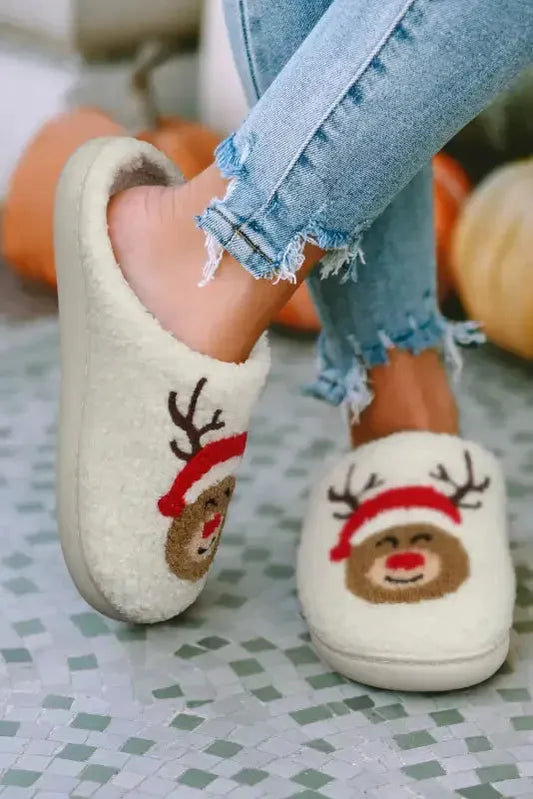 White Christmas Deer Home Indoor Plush Slippers - Fashionfitz