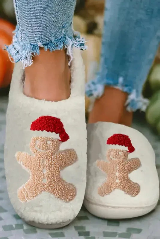 White Christmas Gingerbread Man Plush Home Slippers - Fashionfitz