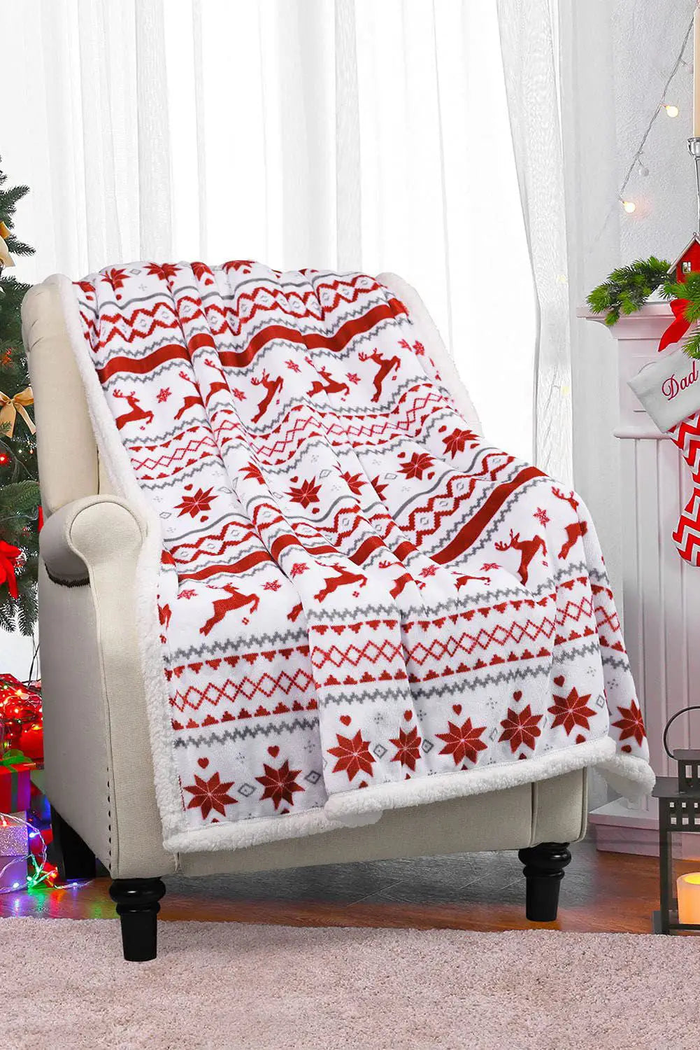 White christmas reindeer snowflake printed sherpa blanket -