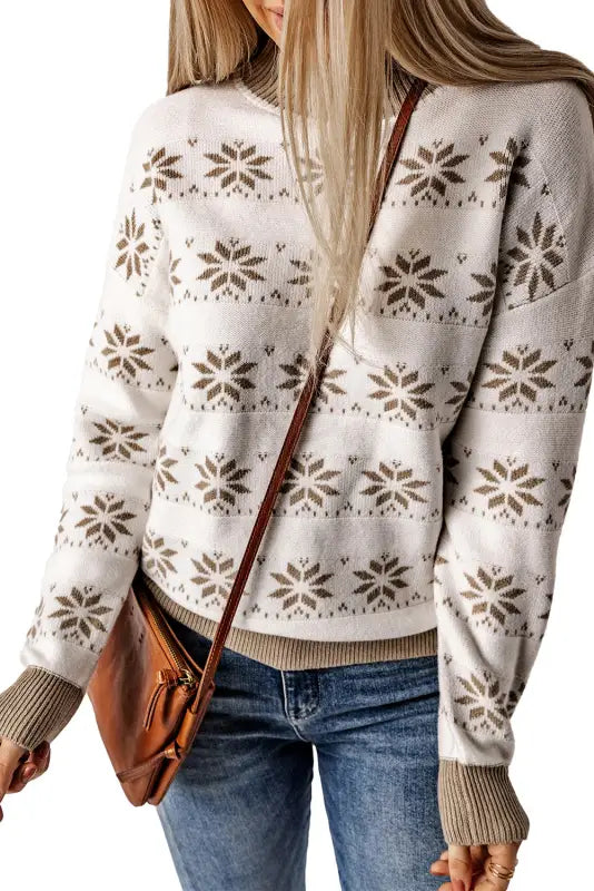 White christmas snowflake high neck knit sweater - sweaters & cardigans