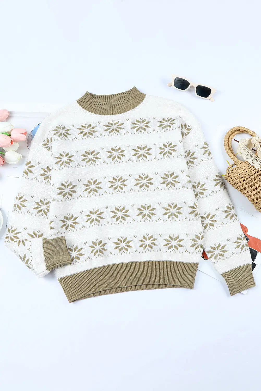 White christmas snowflake high neck knit sweater - sweaters & cardigans