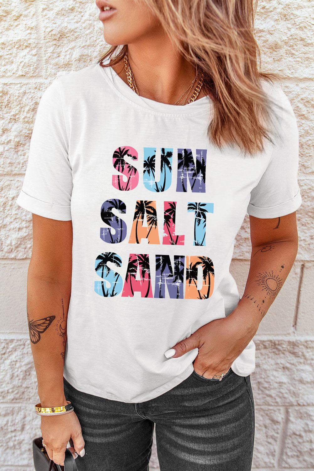 White coconut tree sun salt sand graphic tee - s / 95% polyester + 5% elastane - t-shirts