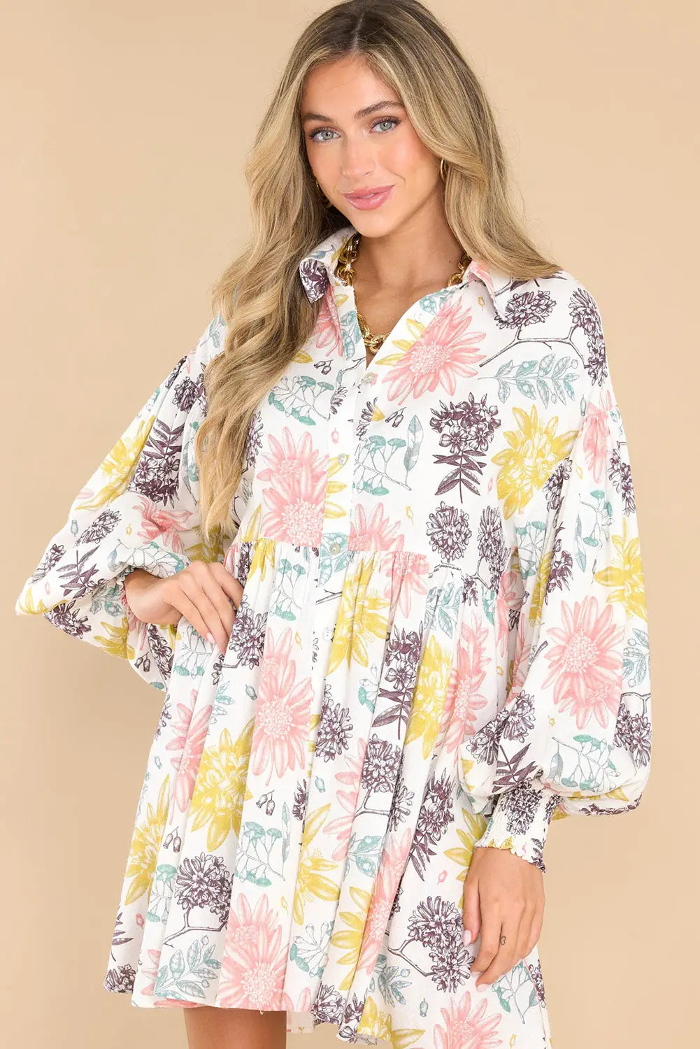 White collared neck bubble sleeve floral dress - dresses