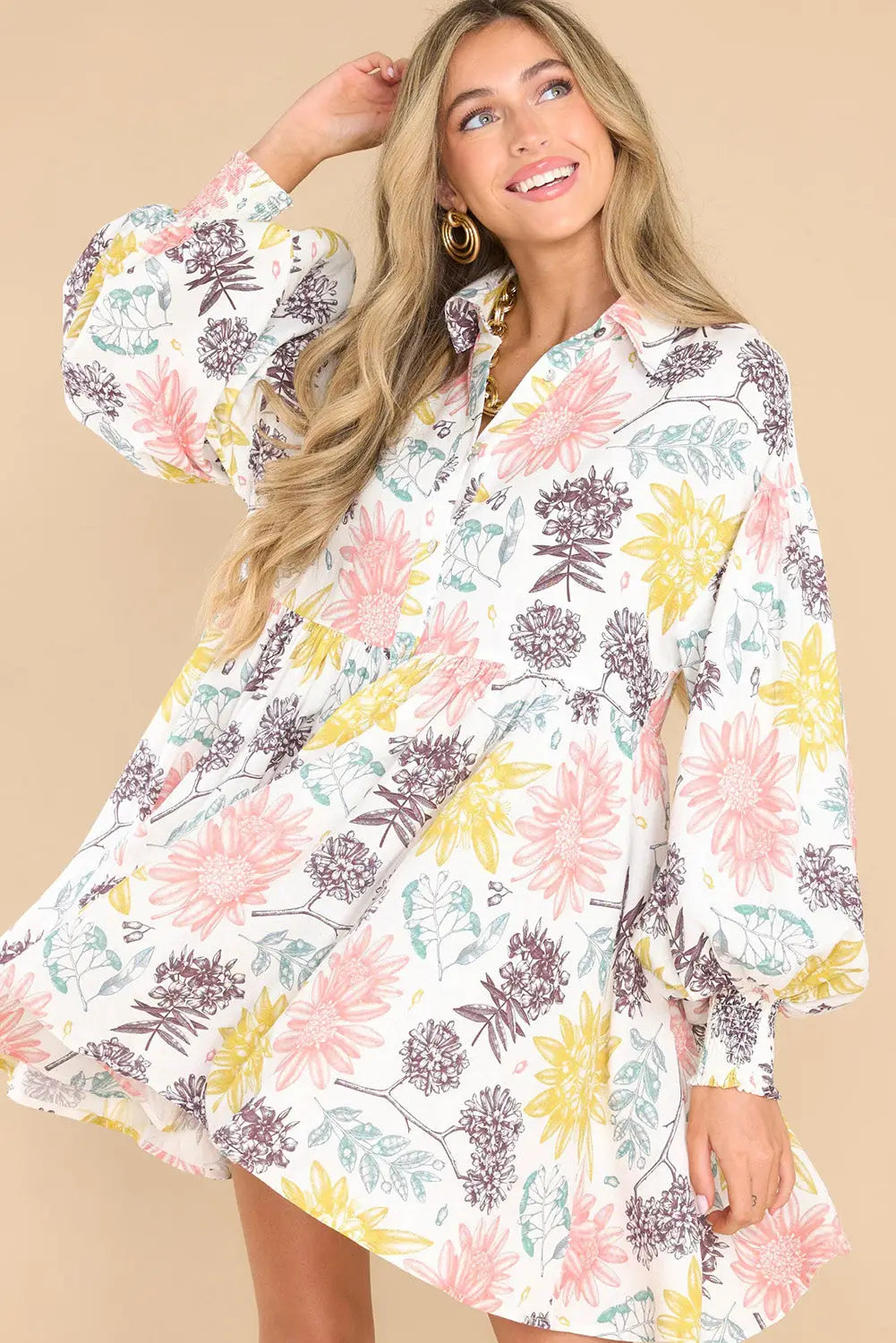 White collared neck bubble sleeve floral dress - dresses