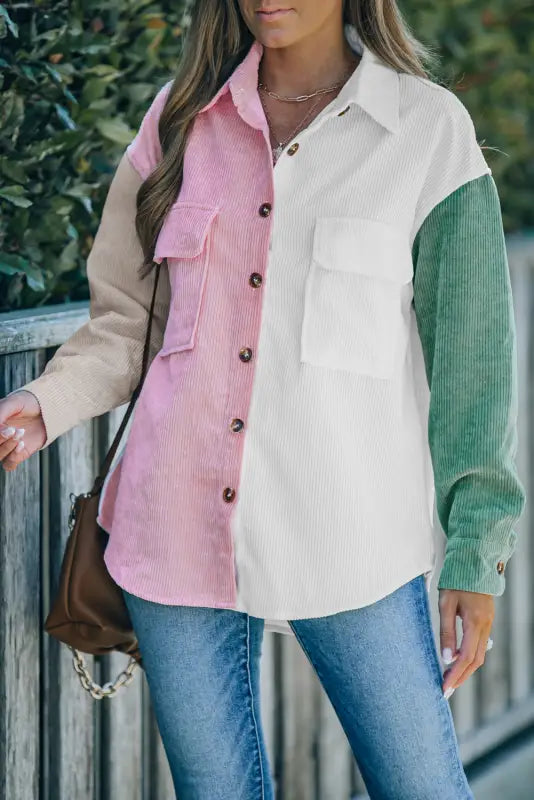 White color block button shirt with pocket - tops